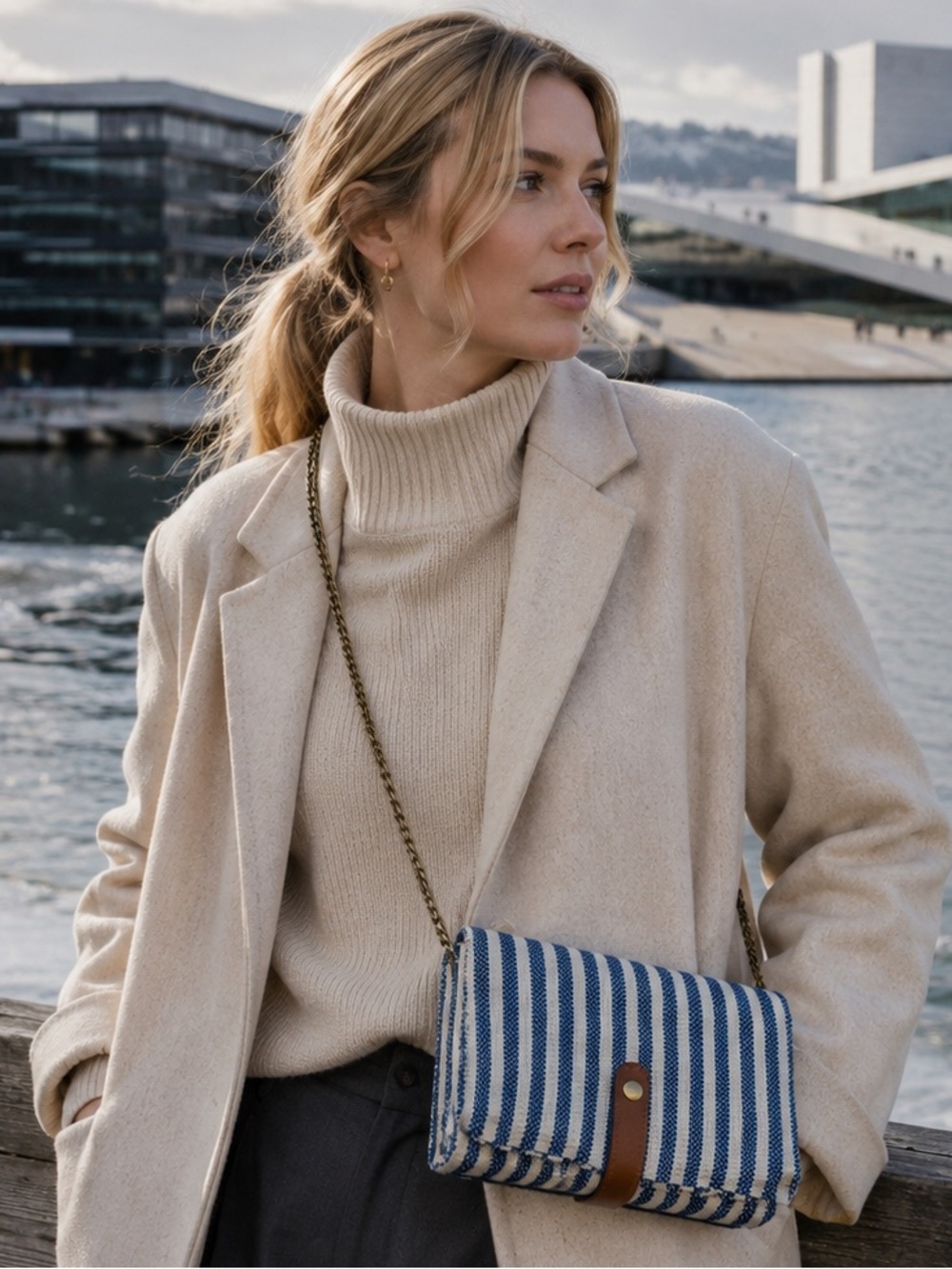 Street Level Milan Crossbody Bag/Flap Clutch - Blue and Ivory Coastal Stripe
